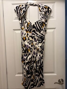 Cache’ size 2 Women's Zebra Print Halter Dress in White, Black